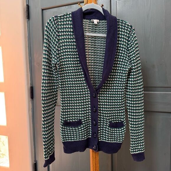 BP (L) woven cotton waffle cardigan sweater button down, navy and green, large - Picture 7 of 7